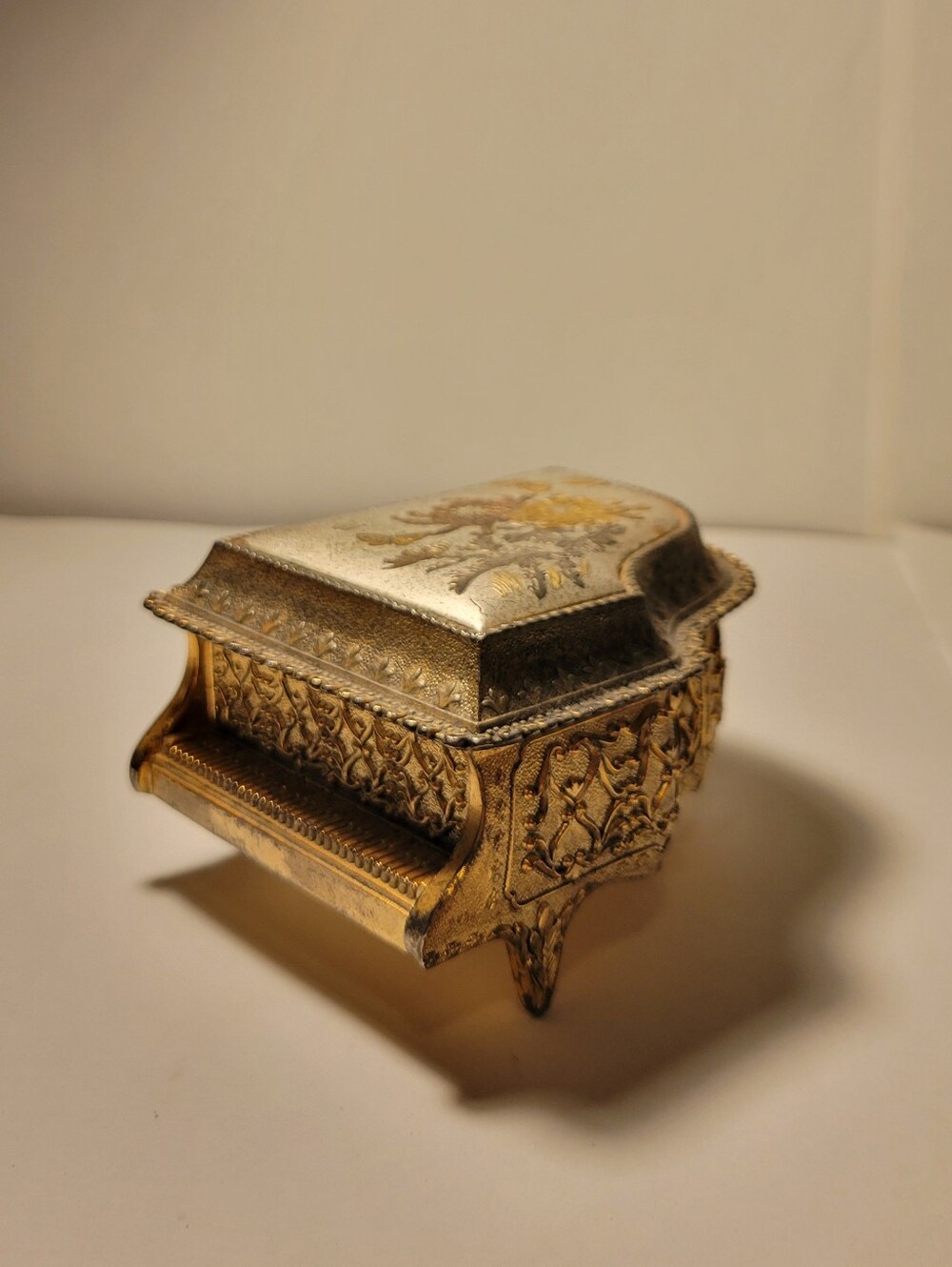 Vintage Ornate Gold & Silver Decorative Piano Trinket Music Box
